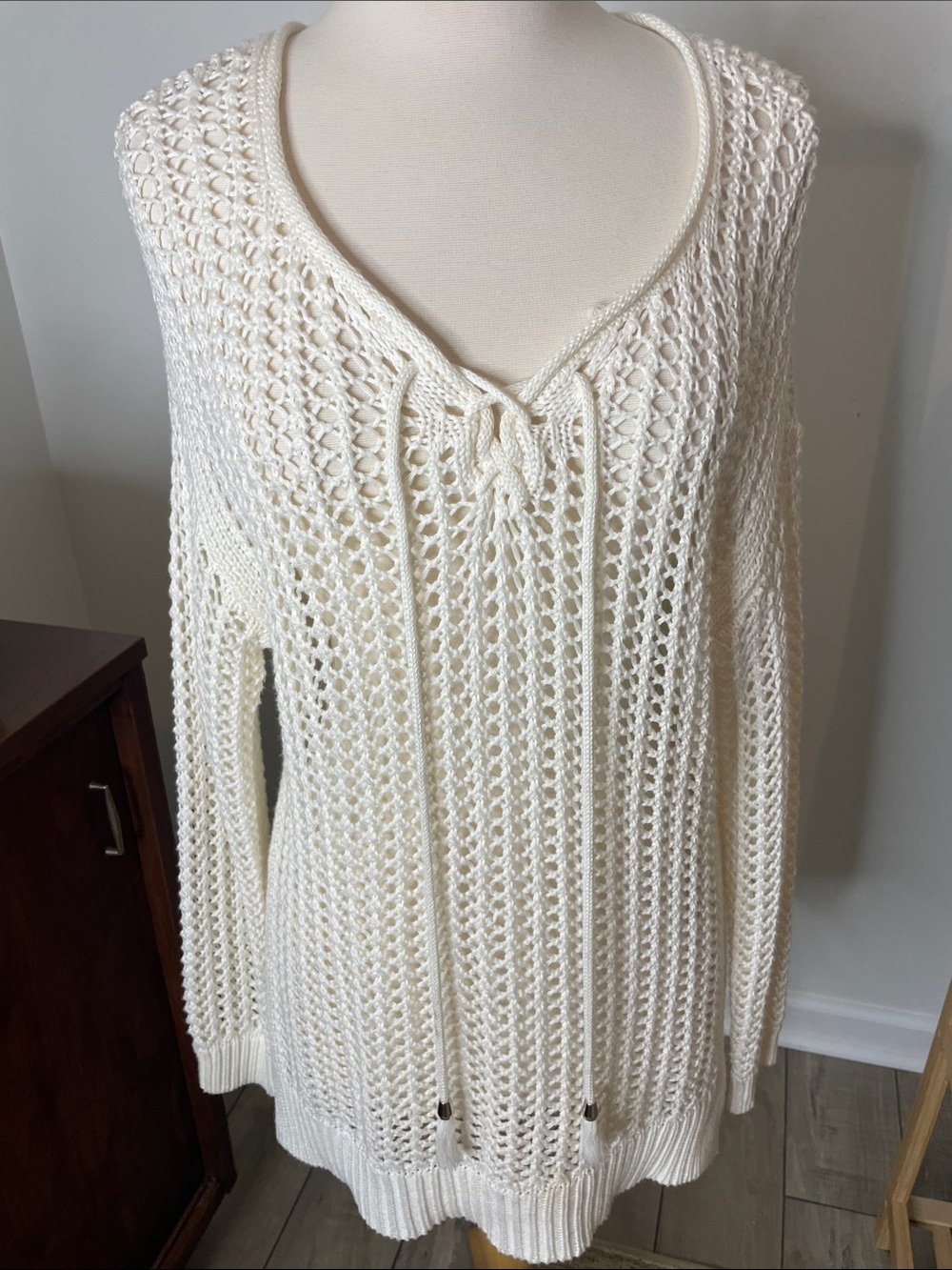 Saks Fifth Avenue Cream Open-Knit V-Neck Sweater with Tie Detail